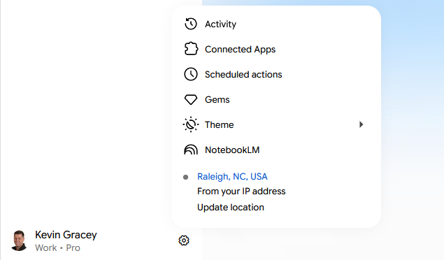 Gemini settings menu showing the Gemini Notebook link