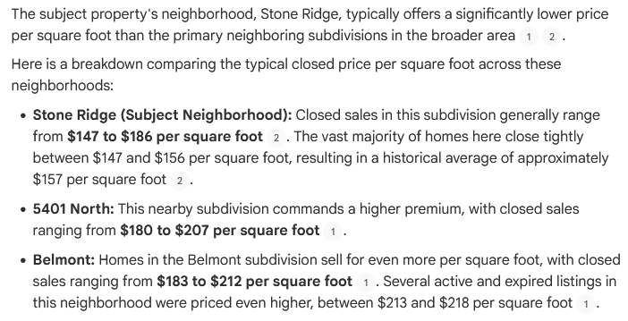 Gemini Notebook answer comparing price per square foot across neighborhoods, with citations