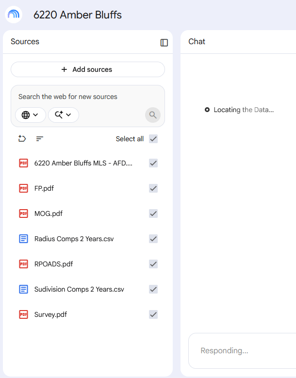 Gemini Notebook sources panel showing uploaded MLS sheet, floor plan, comps, and survey documents